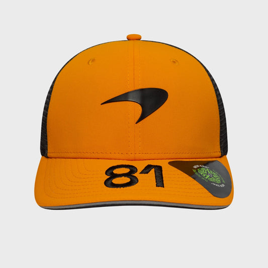 An orange snapback cap with a black logo and the number 81 on it, featuring a d-ring closure.