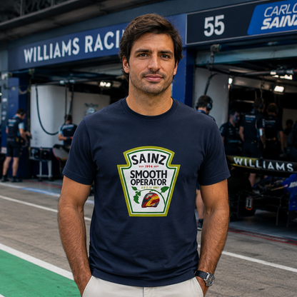 Person wearing a navy blue t-shirt with a 'Sainz Smooth Operator' graphic in front of a Williams Racing garage.