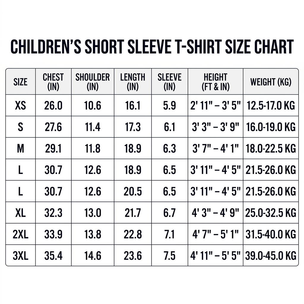 Kids jersey size chart