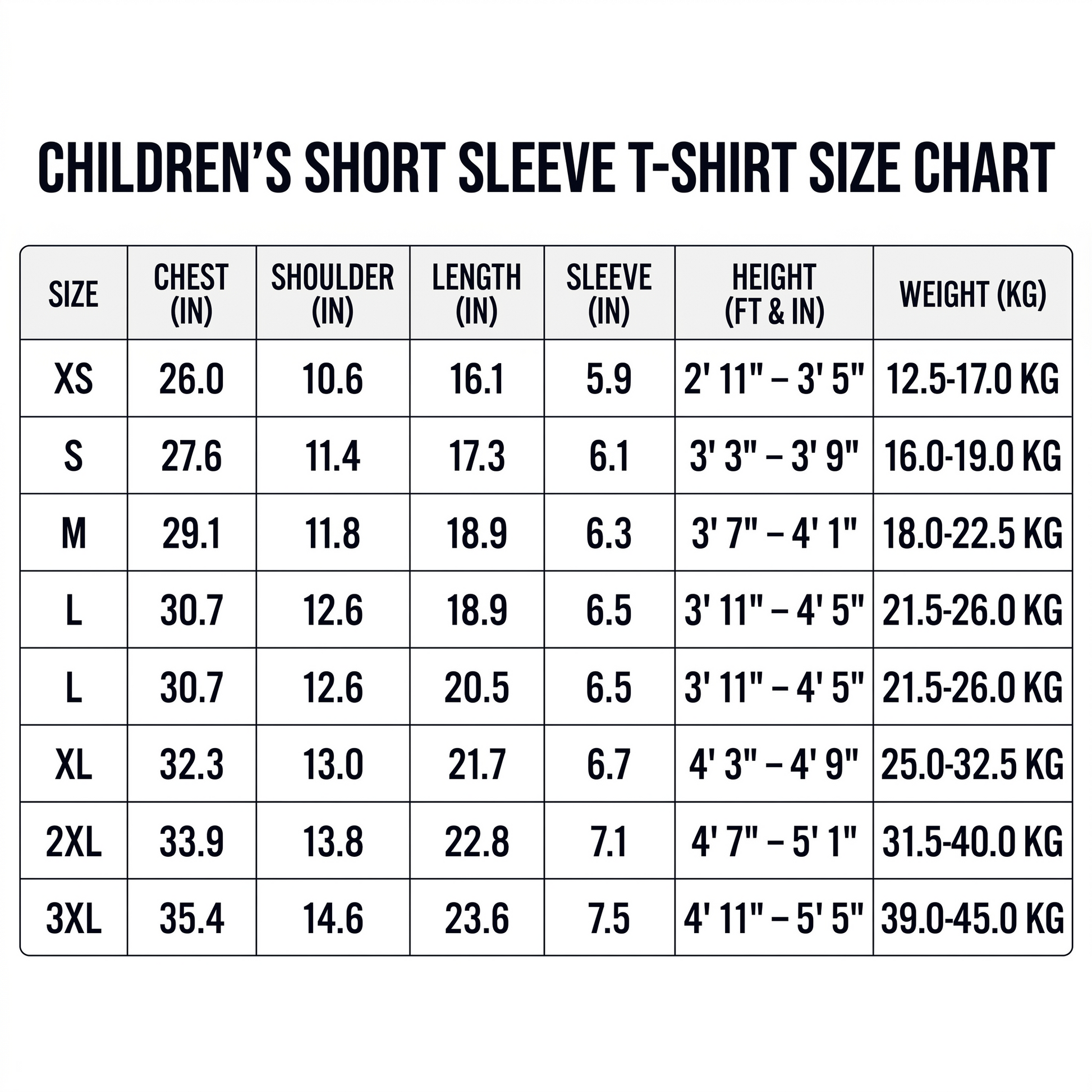 Kids jersey size chart