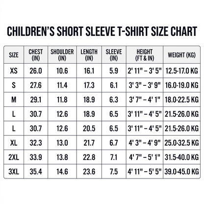 Kids jersey size chart