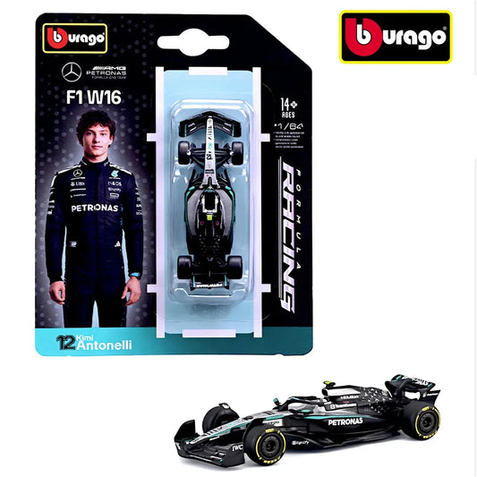 Bburago Formula 1 model car in packaging with driver image and branding.